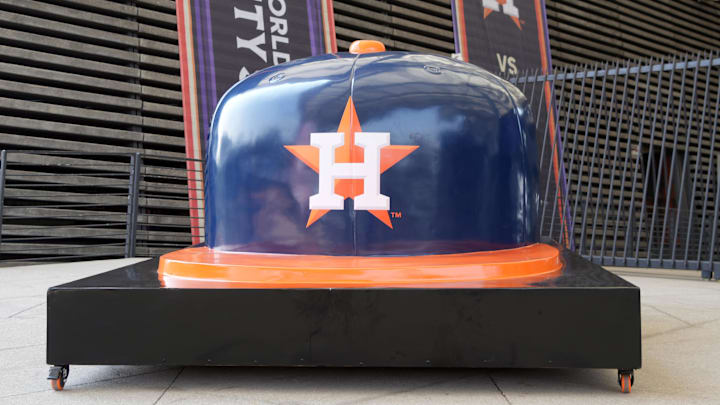 Apr 27, 2024; Mexico City, Mexico; A large Houston Astros helmet at the MLB World Tour Mexico Series game at Estadio Alfredo Harp Helu. Mandatory Credit: Kirby Lee-Imagn Images