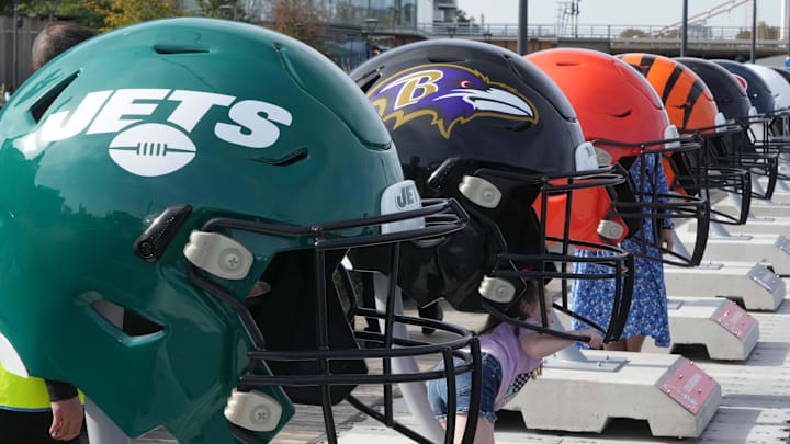 Oct 7, 2023; London, United Kingdom; Large oversized helmets of the New York Jets Baltimore Ravens, Cleveland Browns and Cincinnati Bengals at the NFL Experience London at the Battersea Power Station. Mandatory Credit: Kirby Lee-Imagn Images Oct 7, 2023; London, United Kingdom; Large oversized helmets of the New York Jets Baltimore Ravens, Cleveland Browns and Cincinnati Bengals at the NFL Experience London at the Battersea Power Station. Mandatory Credit: Kirby Lee-Imagn Images