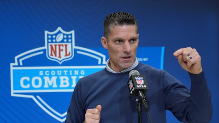 Feb 27, 2025; Indianapolis, IN, USA; Houston Texans general manager Nick Caserio speaks during the 2025 NFL Scouting Combine at the Indiana Convention Center. Mandatory Credit: Kirby Lee-Imagn Images