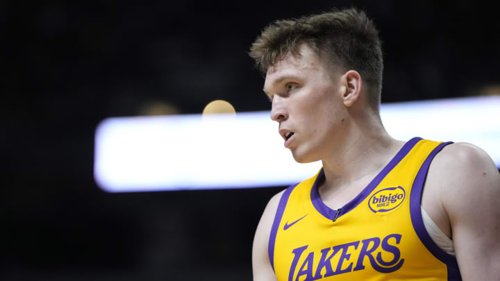 Jul 12, 2024; Las Vegas, NV, USA;  Los Angeles Lakers forward Dalton Knecht (4) competes during the first half against the Houston Rockets at the Thomas & Mack Center. Mandatory Credit: Lucas Peltier-USA TODAY Sports
