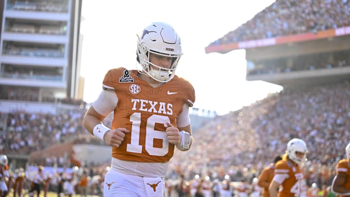 Dec 21, 2024; Austin, Texas, USA; Texas Longhorns quarterback Arch Manning (16) takes the field before the game between the Texas Longhorns and the Clemson Tigers in the CFP National Playoff First Round at Darrell K Royal-Texas Memorial Stadium. Mandatory Credit: Jerome Miron-Imagn Images Dec 21, 2024; Austin, Texas, USA; Texas Longhorns quarterback Arch Manning (16) takes the field before the game between the Texas Longhorns and the Clemson Tigers in the CFP National Playoff First Round at Darrell K Royal-Texas Memorial Stadium. Mandatory Credit: Jerome Miron-Imagn Images