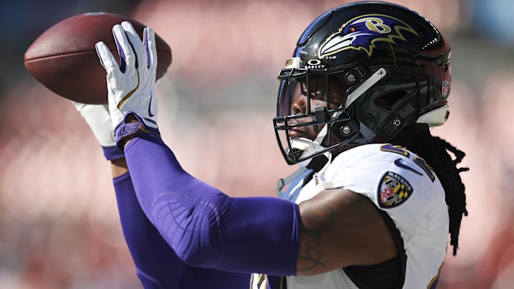 Baltimore Ravens running back Derrick Henry (22) warms up before the game between the Cleveland Browns and the Ravens at Huntington Bank Field.