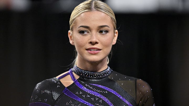 LSU Tigers gymnast Olivia Dunne looks on during the 2025 Women's National Gymnastics Semifinal at Dickies Arena.