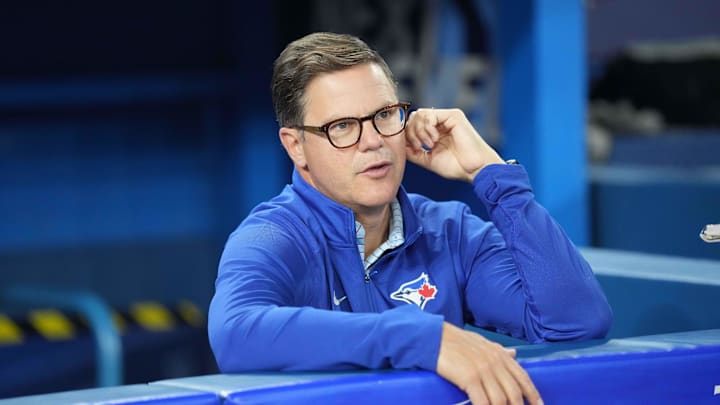 Jun 28, 2023; Toronto, Ontario, CAN; Toronto Blue Jays general manager Ross Atkins talks with the media during batting practice  against the San Francisco Giants at Rogers Centre. Mandatory Credit: Nick Turchiaro-Imagn Images