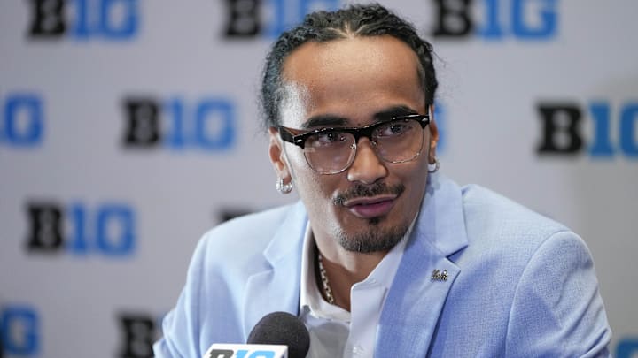 Jul 24, 2025; Las Vegas, NV, USA; UCLA quarterback Nico Iamaleava speaks to the media during the Big Ten NCAA college football media days at Mandalay Bay Resort. Mandatory Credit: Lucas Peltier-Imagn Images