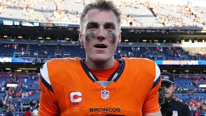 Denver, Colorado, USA; Denver Broncos quarterback Bo Nix (10) celebrates after the win against the New York Giants at Empower Field at Mile High. 