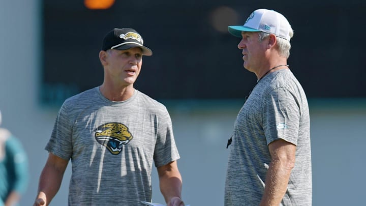 Jaguars general manager Trent Baalke talks with Jacksonville Jaguars head coach Doug Pederson on the field during the fourth day of the NFL football training camp practice session Saturday, July 27, 2024 at EverBank Stadium's Miller Electric Center in Jacksonville, Fla. [Bob Self/Florida Times-Union]