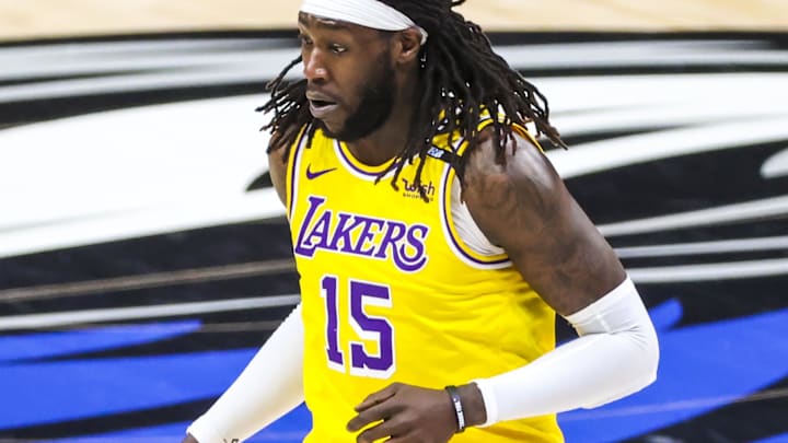 Apr 22, 2021; Dallas, Texas, USA; Los Angeles Lakers center Montrezl Harrell (15) in action during the game against the Dallas Mavericks at American Airlines Center. Mandatory Credit: Kevin Jairaj-Imagn Images