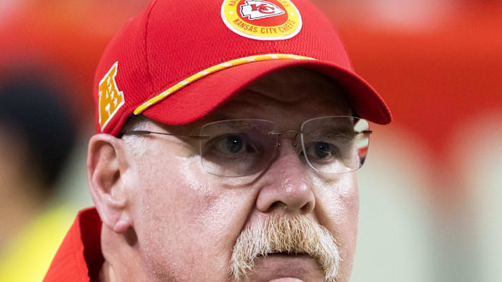 Feb 9, 2025; New Orleans, LA, USA;  Kansas City Chiefs head coach Andy Reid against the Philadelphia Eagles in Super Bowl LIX at Ceasars Superdome. Mandatory Credit: Mark J. Rebilas-Imagn Images