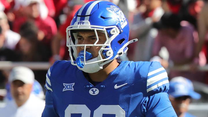 Nov 8, 2025; Lubbock, Texas, USA; Brigham Young Cougars tight end Noah Moeaki (82) in the first half of the game against the Texas Tech Red Raiders at Jones AT&T Stadium. Mandatory Credit: Michael C. Johnson-Imagn Images Nov 8, 2025; Lubbock, Texas, USA; Brigham Young Cougars tight end Noah Moeaki (82) in the first half of the game against the Texas Tech Red Raiders at Jones AT&T Stadium. Mandatory Credit: Michael C. Johnson-Imagn Images
