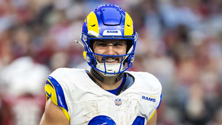 Dec 7, 2025; Glendale, Arizona, USA; Los Angeles Rams tight end Colby Parkinson (84) against the Arizona Cardinals at State Farm Stadium. Dec 7, 2025; Glendale, Arizona, USA; Los Angeles Rams tight end Colby Parkinson (84) against the Arizona Cardinals at State Farm Stadium.