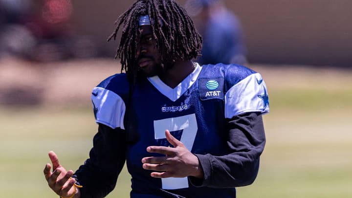 Dallas Cowboys cornerback Trevon Diggs during training camp at River Ridge Playing Fields in Oxnard, California.
