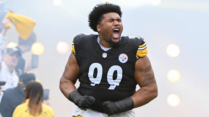 Oct 12, 2025; Pittsburgh, Pennsylvania, USA; Pittsburgh Steelers defensive tackle Derrick Harmon (99) takes the field for a game against the Cleveland Browns at Acrisure Stadium. Mandatory Credit: Barry Reeger-Imagn Images