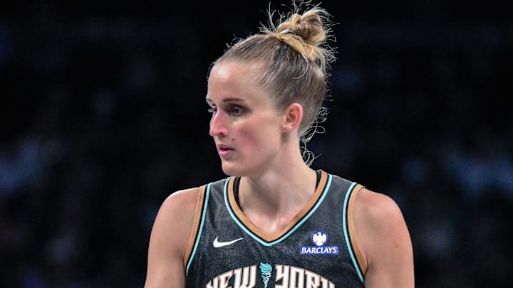 May 29, 2025; Brooklyn, New York, USA; New York Liberty forward Leonie Fiebich (13) during a game against the Golden State Valkyries at Barclays Center. Mandatory Credit: John Jones-Imagn Images
