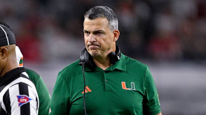 Dec 31, 2025; Arlington, TX, USA; Miami Hurricanes head coach Mario Cristobal looks on during the 2025 Cotton Bowl and quarterfinal game of the College Football Playoff at AT&T Stadium. Mandatory Credit: Jerome Miron-Imagn Images