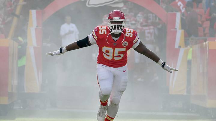 Nov 26, 2017; Kansas City, MO, USA; Kansas City Chiefs defensive end Chris Jones (95) runs onto the field during player introductions before the game against the Buffalo Bills at Arrowhead Stadium. Mandatory Credit: Denny Medley-USA TODAY Sports