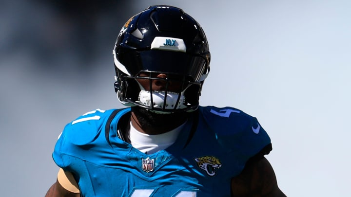 Jacksonville Jaguars linebacker Josh Allen (41) is introduced before an NFL football matchup Sunday,