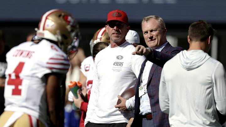 Oct 11, 2026; Seattle, Washington, USA; San Francisco 49ers general manager John Lynch (right) chats with head coach Kyle Shanahan on the sideline before a game against the Seattle Seahawks at Lumen Field. Mandatory Credit: Joe Nicholson-Imagn Images Oct 11, 2026; Seattle, Washington, USA; San Francisco 49ers general manager John Lynch (right) chats with head coach Kyle Shanahan on the sideline before a game against the Seattle Seahawks at Lumen Field. Mandatory Credit: Joe Nicholson-Imagn Images