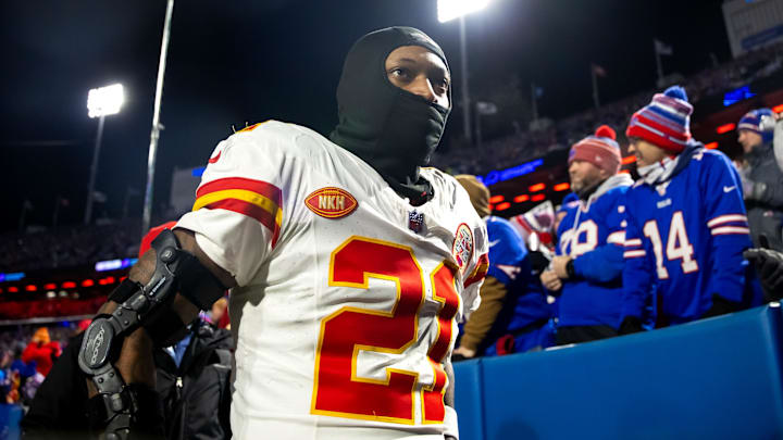 Jan 21, 2024; Orchard Park, New York, USA; Kansas City Chiefs safety Mike Edwards (21) against the Buffalo Bills in the 2024 AFC divisional round game at Highmark Stadium. Mandatory Credit: Mark J. Rebilas-Imagn Images