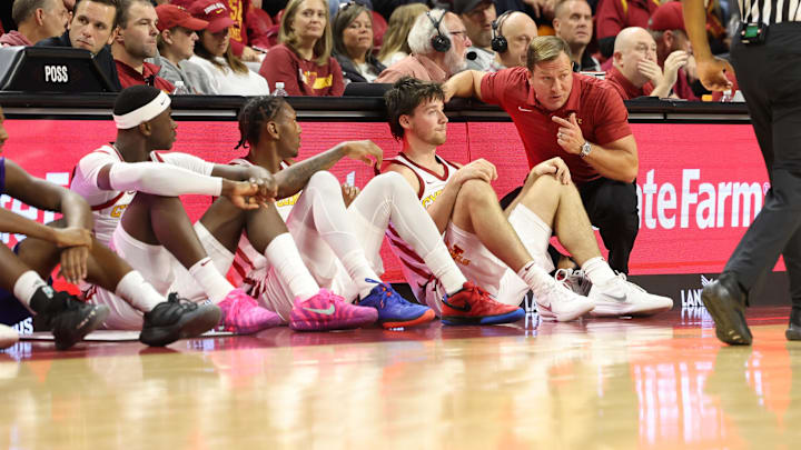 Nov 17, 2025; Ames, Iowa, USA; Iowa State Cyclones head coach T.J. Otzelberger talks to his players late in the game against the Stonehill Skyhawks during the second half at James H. Hilton Coliseum. Mandatory Credit: Reese Strickland-Imagn Images