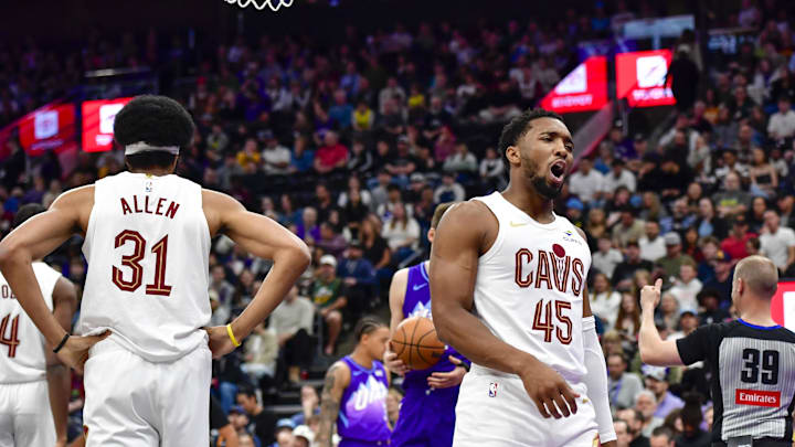 Mar 23, 2025; Salt Lake City, Utah, USA; Cleveland Cavaliers guard Donovan Mitchell (45) reacts to a call against the Utah Jazz at Delta Center. Mandatory Credit: Peter Creveling-Imagn Images