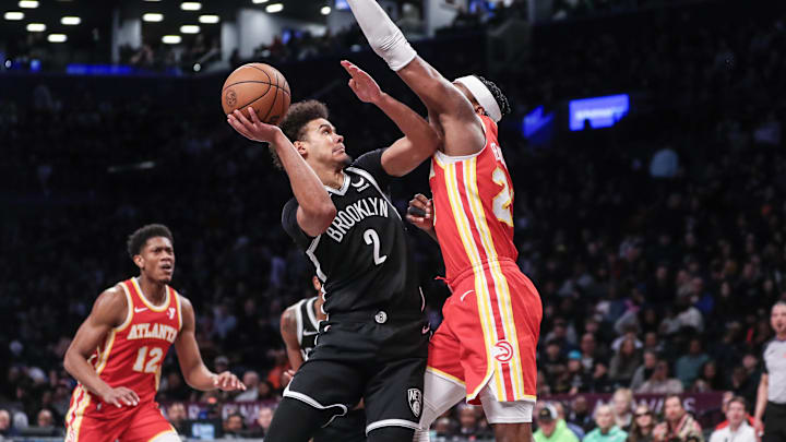 Mar 2, 2024; Brooklyn, New York, USA; Brooklyn Nets forward Cameron Johnson (2) goes up against Atlanta Hawks forward Bruno Fernando (24) in the fourth quarter at Barclays Center. Mandatory Credit: Wendell Cruz-Imagn Images Mar 2, 2024; Brooklyn, New York, USA; Brooklyn Nets forward Cameron Johnson (2) goes up against Atlanta Hawks forward Bruno Fernando (24) in the fourth quarter at Barclays Center. Mandatory Credit: Wendell Cruz-Imagn Images