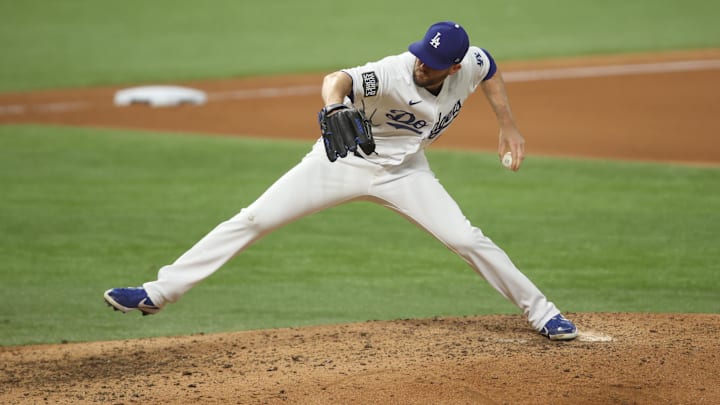 Oct 21, 2020; Arlington, Texas, USA; Los Angeles Dodgers starting pitcher Alex Wood (57) delivers a pitch in the 7th inning against the Tampa Bay Rays in game two of the 2020 World Series at Globe Life Field. Mandatory Credit: Tim Heitman-Imagn Images