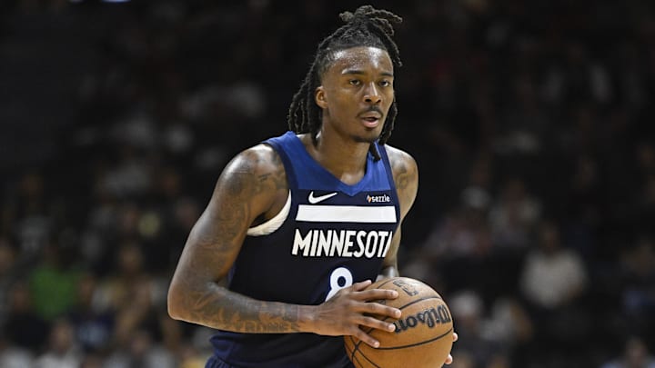 Oct 4, 2025; San Diego, California, USA; Minnesota Timberwolves guard Bones Hyland (8) looks to pass during the second half against the Denver Nuggets at Pechanga Arena. Oct 4, 2025; San Diego, California, USA; Minnesota Timberwolves guard Bones Hyland (8) looks to pass during the second half against the Denver Nuggets at Pechanga Arena.