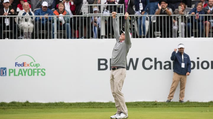 Keegan Bradley struck a victory pose after winning a PGA Tour event at Aronimink in 2018.