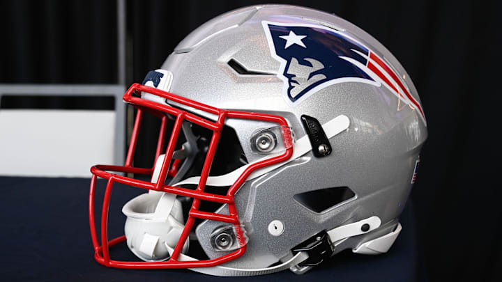 Jan 17, 2024; Foxborough, MA, USA; A New England Patriots helmet sits on a table at Gillette Stadium. Mandatory Credit: Eric Canha-Imagn Images