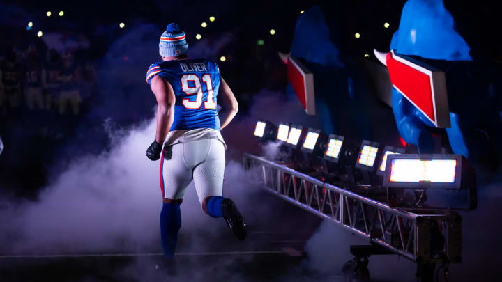 Jan 21, 2024; Orchard Park, New York, USA; Buffalo Bills defensive tackle Ed Oliver (91) against the Kansas City Chiefs in the 2024 AFC divisional round game at Highmark Stadium. Mandatory Credit: Mark J. Rebilas-USA TODAY Sports