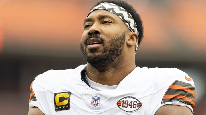 Cleveland Browns defensive end Myles Garrett (95) during warm-ups before the game against the Kansas City Chiefs at Huntington Bank Field.