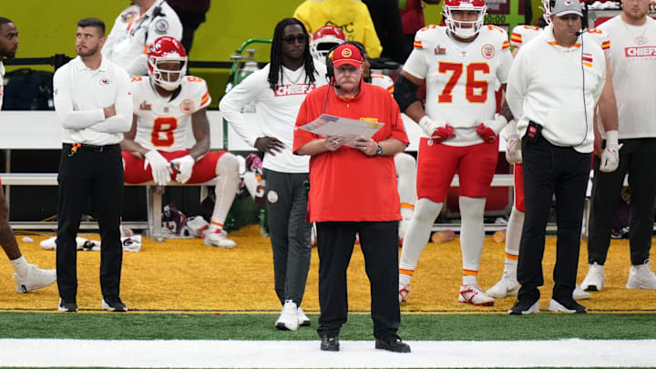 Feb 9, 2025; New Orleans, LA, USA; Kansas City Chiefs head coach Andy Reid during the second quarter against he Philadelphia Eagles in Super Bowl LIX at Caesars Superdome. Mandatory Credit: Kirby Lee-Imagn Images