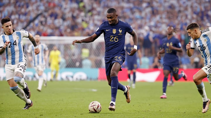 Dec 18, 2022; Lusail, Qatar; France forward Marcus Thuram (26) dribbles the ball