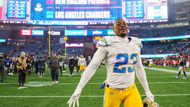 Los Angeles Chargers safety Tony Jefferson celebrates after defeating the New England Patriots at Gillette Stadium. Los Angeles Chargers safety Tony Jefferson celebrates after defeating the New England Patriots at Gillette Stadium.