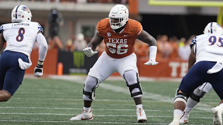 Sep 14, 2024; Austin, Texas, USA; Texas Longhorns offensive lineman Cameron Williams (56) blocks during the first half against the Texas-San Antonio Roadrunners at Texas at Darrell K Royal-Texas Memorial Stadium.