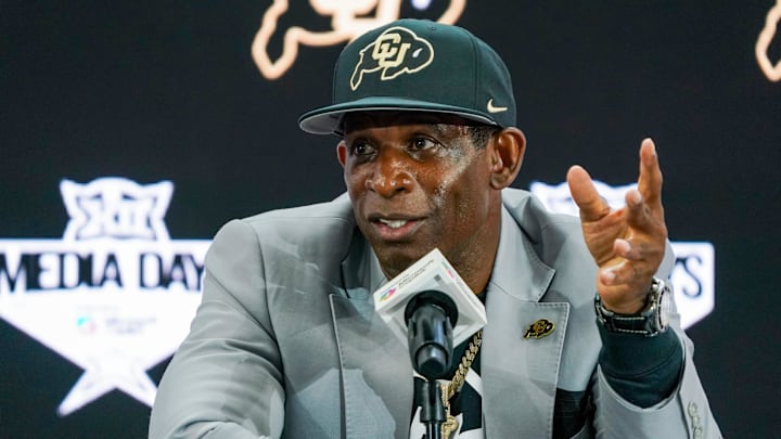 Jul 9, 2025; Frisco, TX, USA; Colorado head coach Deion Sanders speaks with the media during 2025 Big 12 Football Media Days at The Star. Mandatory Credit: Raymond Carlin III-Imagn Images