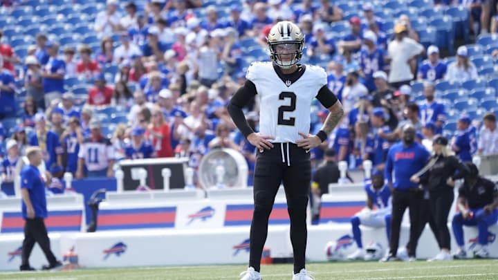 Sep 28, 2025; Orchard Park, New York, USA; New Orleans Saints quarterback Spencer Rattler (2) warms up before a game against the Buffalo Bills at Highmark Stadium. Mandatory Credit: Gregory Fisher-Imagn Images Sep 28, 2025; Orchard Park, New York, USA; New Orleans Saints quarterback Spencer Rattler (2) warms up before a game against the Buffalo Bills at Highmark Stadium. Mandatory Credit: Gregory Fisher-Imagn Images