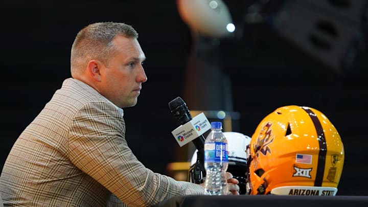 Jul 8, 2025; Frisco, TX, USA; Arizona State head coach Kenny Dillingham addresses the media during 2025 Big 12 Football Media Days at The Star. Mandatory Credit: Raymond Carlin III-Imagn Images