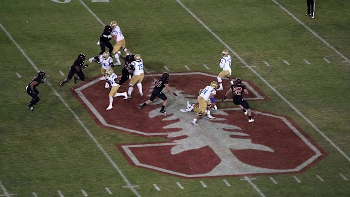 Oct 17, 2019; Stanford, CA, USA; UCLA Bruins running back Demetric Felton (10) throws a pass at midfield on the Stanford Cardinal logo in the third quarter at Stanford Stadium. UCLA defeated Stanford 34-16. Mandatory Credit: Kirby Lee-Imagn Images Oct 17, 2019; Stanford, CA, USA; UCLA Bruins running back Demetric Felton (10) throws a pass at midfield on the Stanford Cardinal logo in the third quarter at Stanford Stadium. UCLA defeated Stanford 34-16. Mandatory Credit: Kirby Lee-Imagn Images