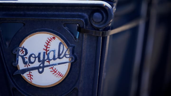 Apr 1, 2021; Kansas City, Missouri, USA; A general view of the Kansas City Royals logo on seats with complimentary flags for fans before the Opening Day game against the Texas Rangers Kauffman Stadium. Mandatory Credit: Denny Medley-Imagn Images