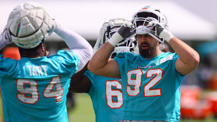 Miami Dolphins defensive tackle Zach Sieler (92) wears his helmet during training camp at Baptist Health Training Complex. Miami Dolphins defensive tackle Zach Sieler (92) wears his helmet during training camp at Baptist Health Training Complex.