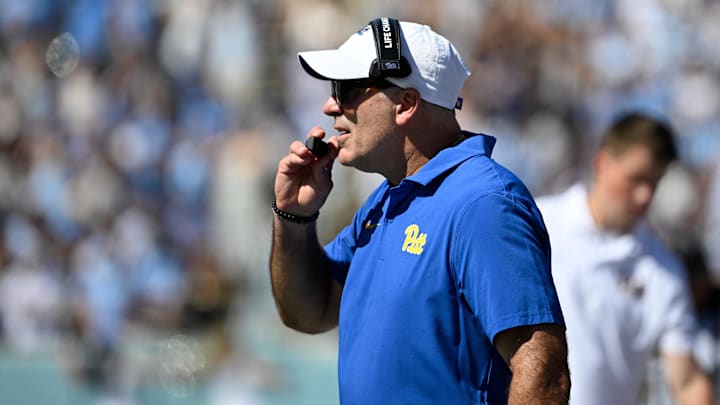 Oct 5, 2024; Chapel Hill, North Carolina, USA; Pittsburgh Panthers head coach Pat Narduzzi in the first quarter at Kenan Memorial Stadium. Mandatory Credit: Bob Donnan-Imagn Images
