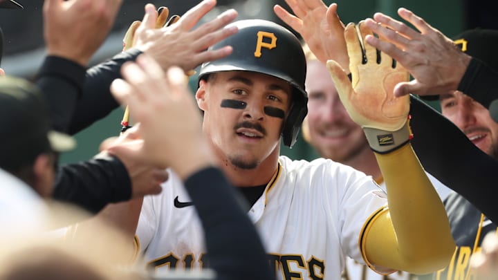Apr 3, 2026; Pittsburgh, Pennsylvania, USA;  Pittsburgh Pirates shortstop Konnor Griffin (6) high-fives in the dugout after scoring his first major league run in his debut against the Baltimore Orioles during the second inning at PNC Park. Mandatory Credit: Charles LeClaire-Imagn Images