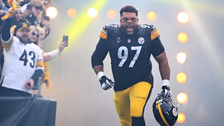 Nov 2, 2025; Pittsburgh, Pennsylvania, USA; Pittsburgh Steelers defensive tackle Cameron Heyward (97) enters the field before the game against the Indianapolis Colts at Acrisure Stadium. Mandatory Credit: Barry Reeger-Imagn Images