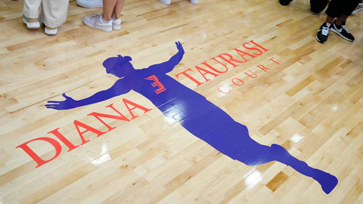 The logo for Diana Taurasi on the practice courts during the grand opening of the Mercury’s new practice facility on Thursday, July 18, 2024.
