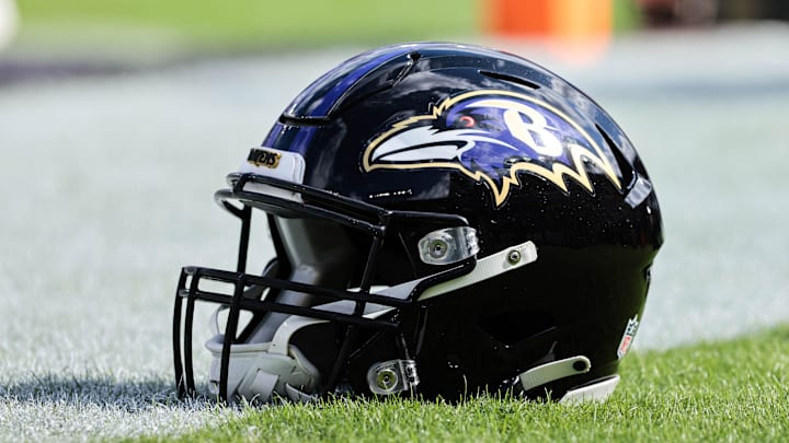 Oct 17, 2021; Baltimore, Maryland, USA; A general view of a Baltimore Ravens helmet on the field before the game against the Los Angeles Chargers at M&T Bank Stadium. Mandatory Credit: Vincent Carchietta-Imagn Images