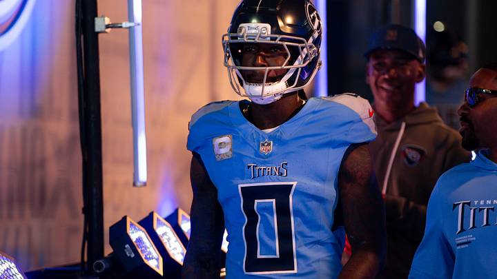 Nov 16, 2025; Nashville, Tennessee, USA;  Tennessee Titans wide receiver Calvin Ridley (0) takes the field against the Houston Texans during pre-game warmups at Nissan Stadium. Mandatory Credit: Steve Roberts-Imagn Images