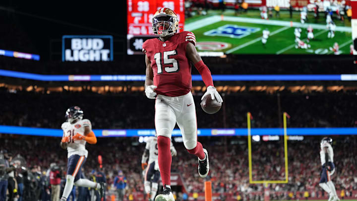 Dec 28, 2025; Santa Clara, California, USA; San Francisco 49ers wide receiver Jauan Jennings (15) runs to score a touchdown against the Chicago Bears in the second half at Levi's Stadium. Mandatory Credit: Kyle Terada-Imagn Images