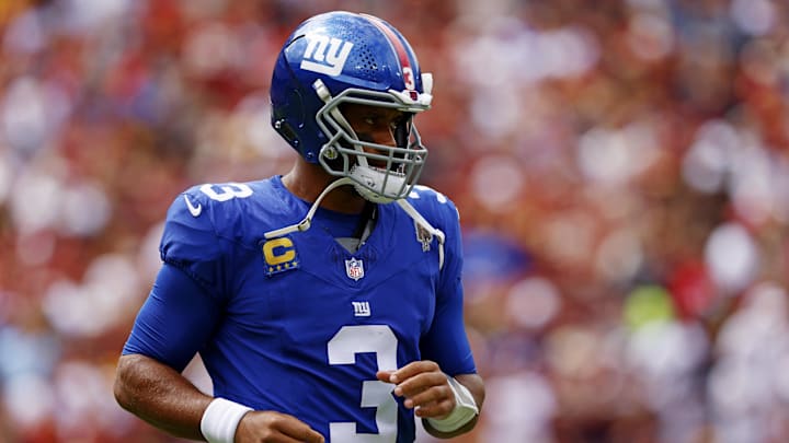 Sep 7, 2025; Landover, Maryland, USA; New York Giants quarterback Russell Wilson (3) during the first quarter against the Washington Commanders at Northwest Stadium. Mandatory Credit: Peter Casey-Imagn Images